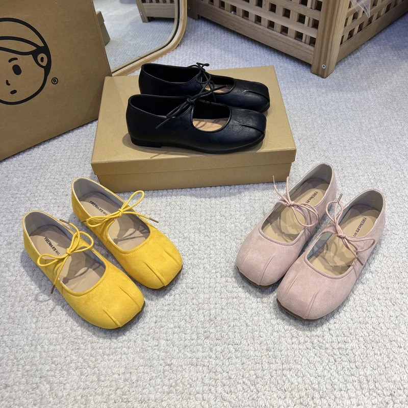 新款高级褶褶头软底芭蕾舞系带玛丽珍鞋方头平底单鞋春款
