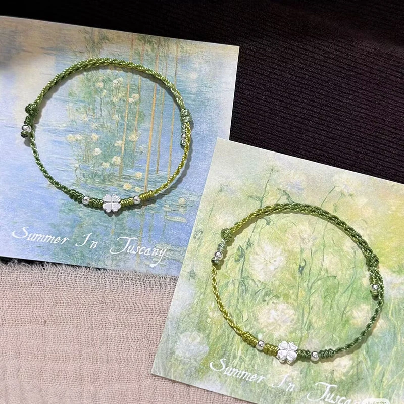 铁合金布艺手链 绿意盎然四叶草手工编织独特精致幸运星百搭手链