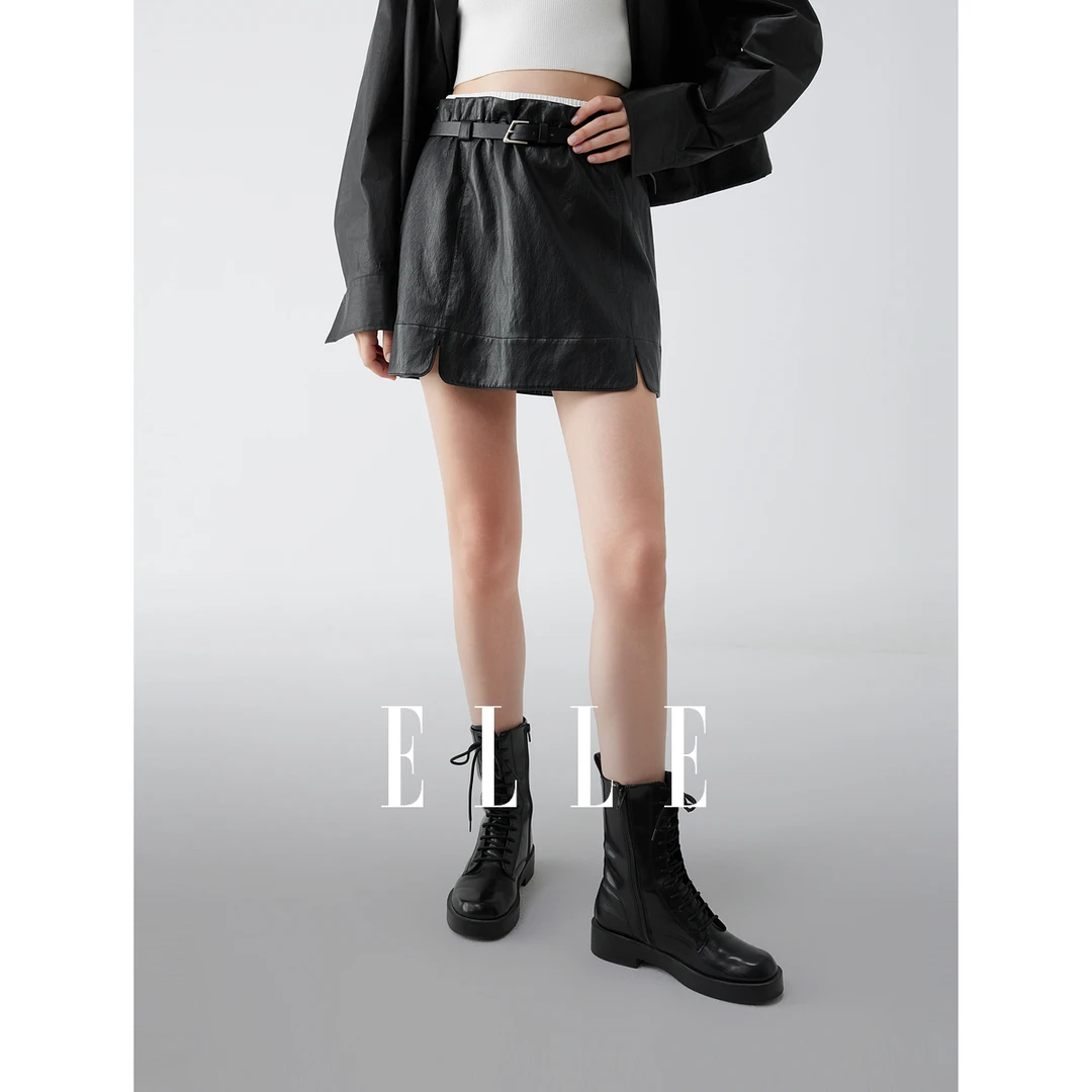 ELLE女装半身裙2025秋季新款设计PU皮通勤a字短裙皮裙ER52543