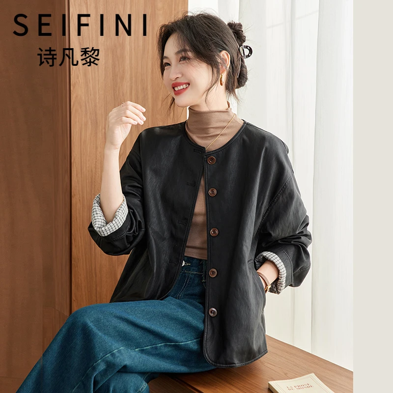 SEIFINI/诗凡黎折扣女装时尚休闲皮衣韩版百搭洋气短款夹克外套潮