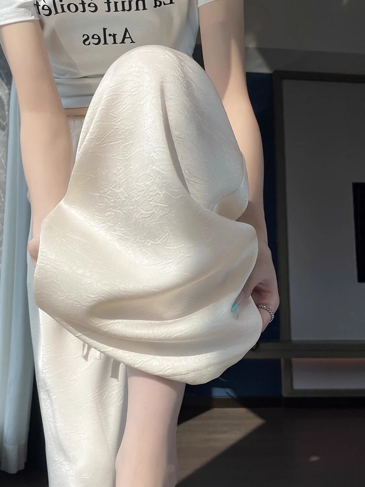 大码300斤醋酸缎面阔腿裤女夏季薄款垂感直筒新中式国风冰丝裤子