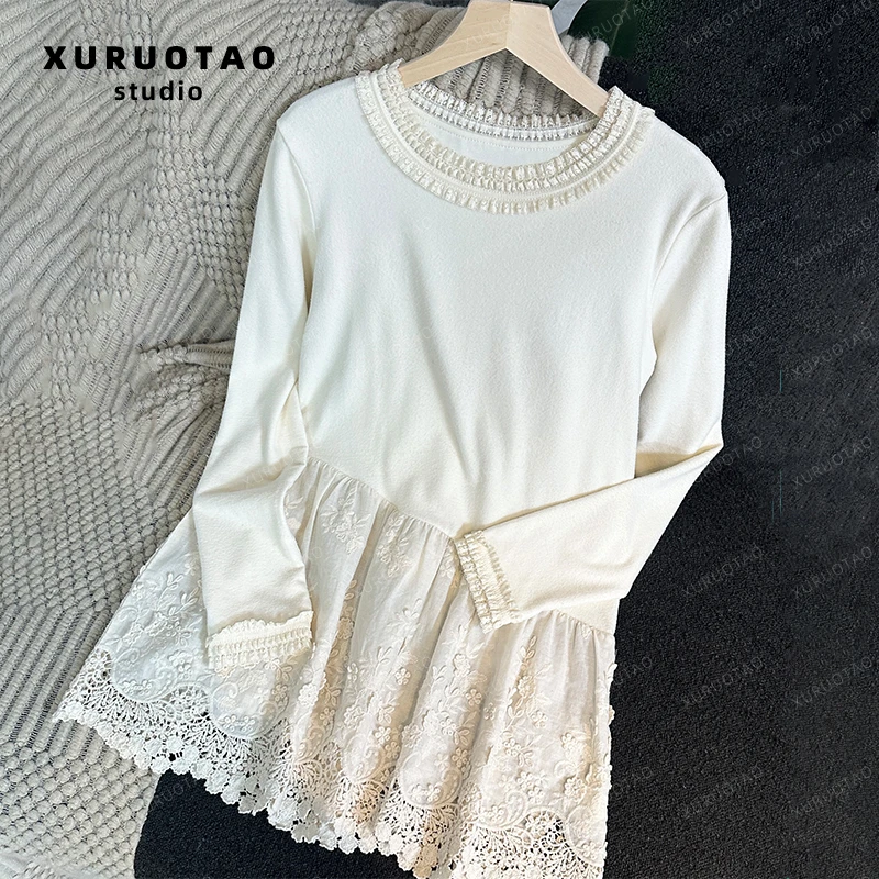 XURUOTAO【浪漫主义】羊毛棉感蕾丝拼接设计感显瘦白色上衣 T5708