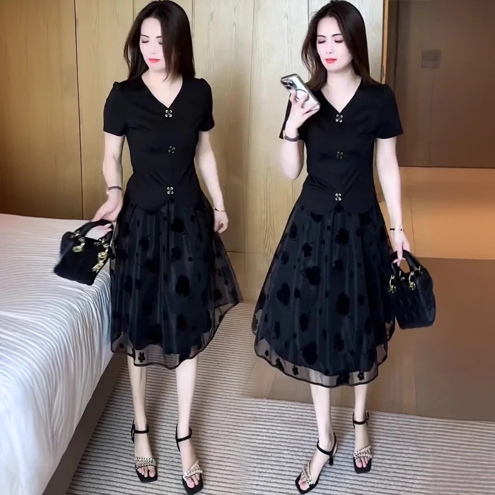 夏季短袖小衫半身裙两件套女装连衣裙时尚套装小黑裙静奢风收腰