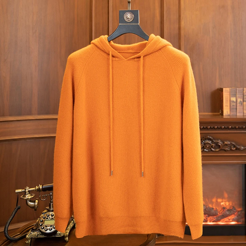 臻灿-秋冬新款100%纯山羊绒男士帽衫加厚元宝针百搭纯色连帽套头