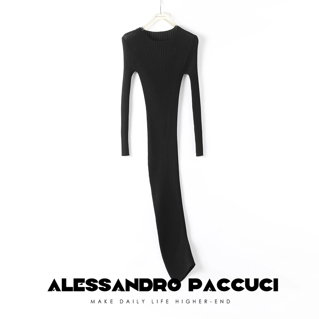 AP洛哥21074 X【简尚】棉混纺长袖抽条编织黑色连衣裙套衫2024秋