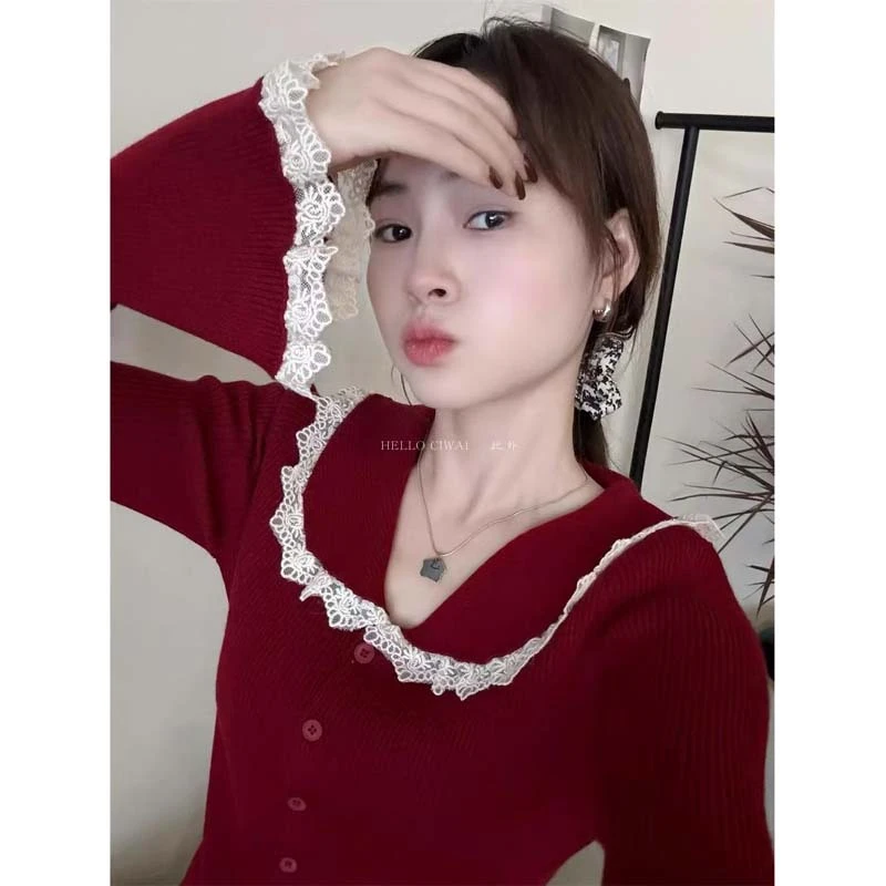 法式甜美蕾丝花边女秋冬新款单排扣修身开衫辣妹薄款内搭红色上衣