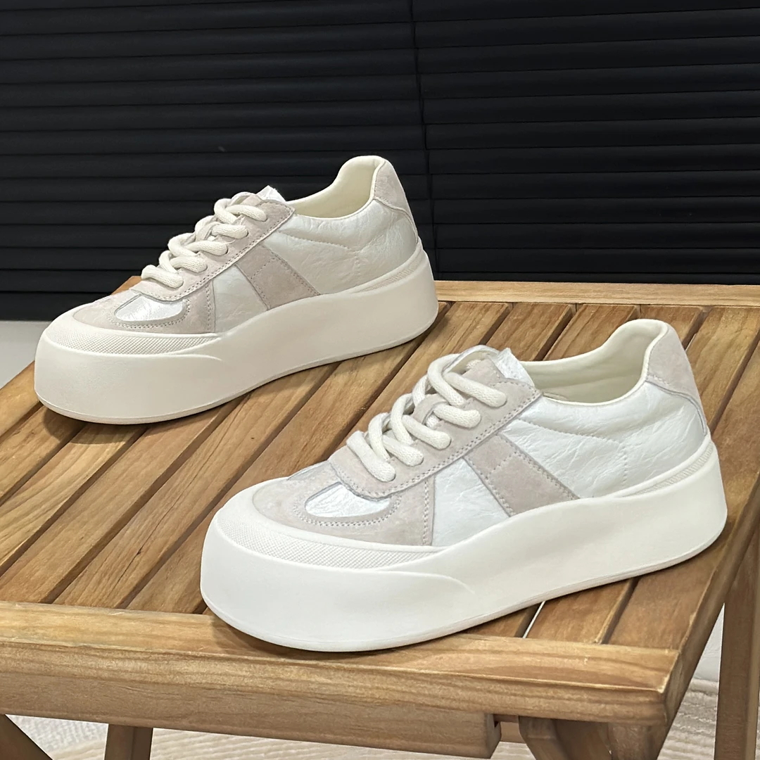 厚底丑萌真皮小白鞋女鞋2025春季新款透气饼干鞋大头系带休闲板鞋