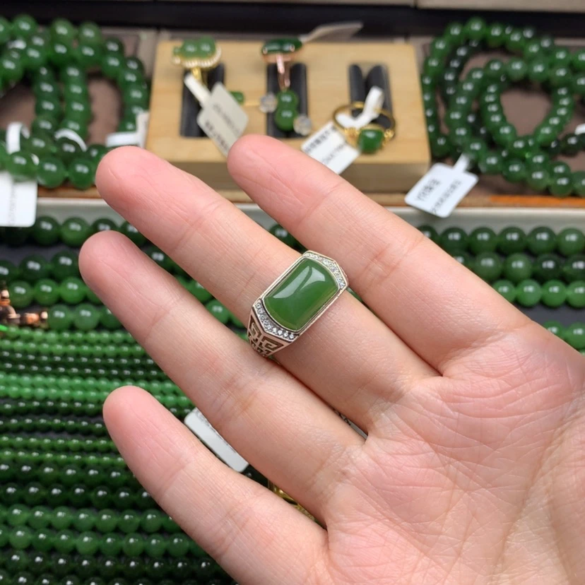 【闪购商品】银S925镶嵌戒指和田玉（碧玉）爱****