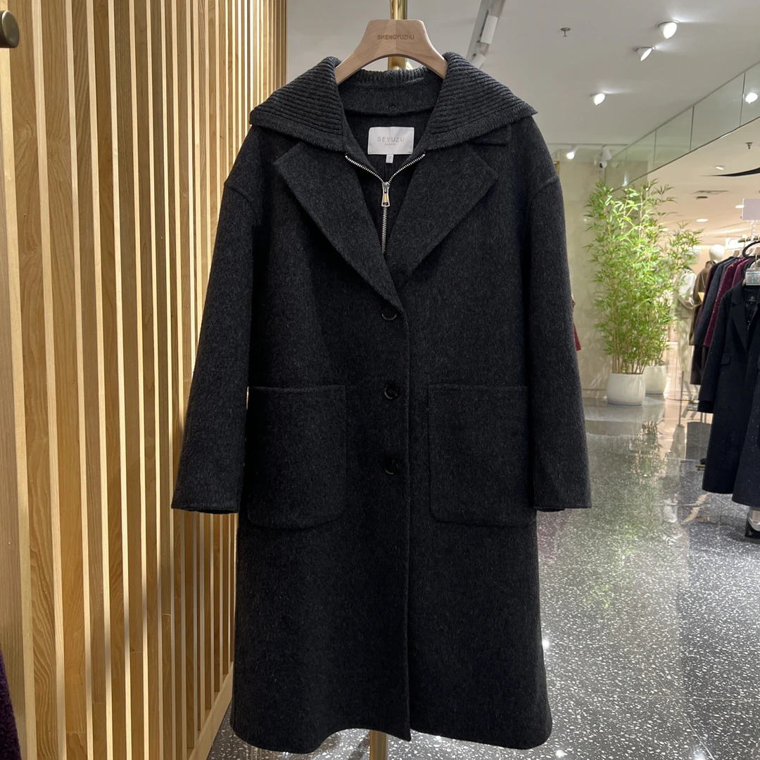 声雨竹7R559中长款灰色可脱卸连帽大衣时尚休闲大码女装宽松显瘦