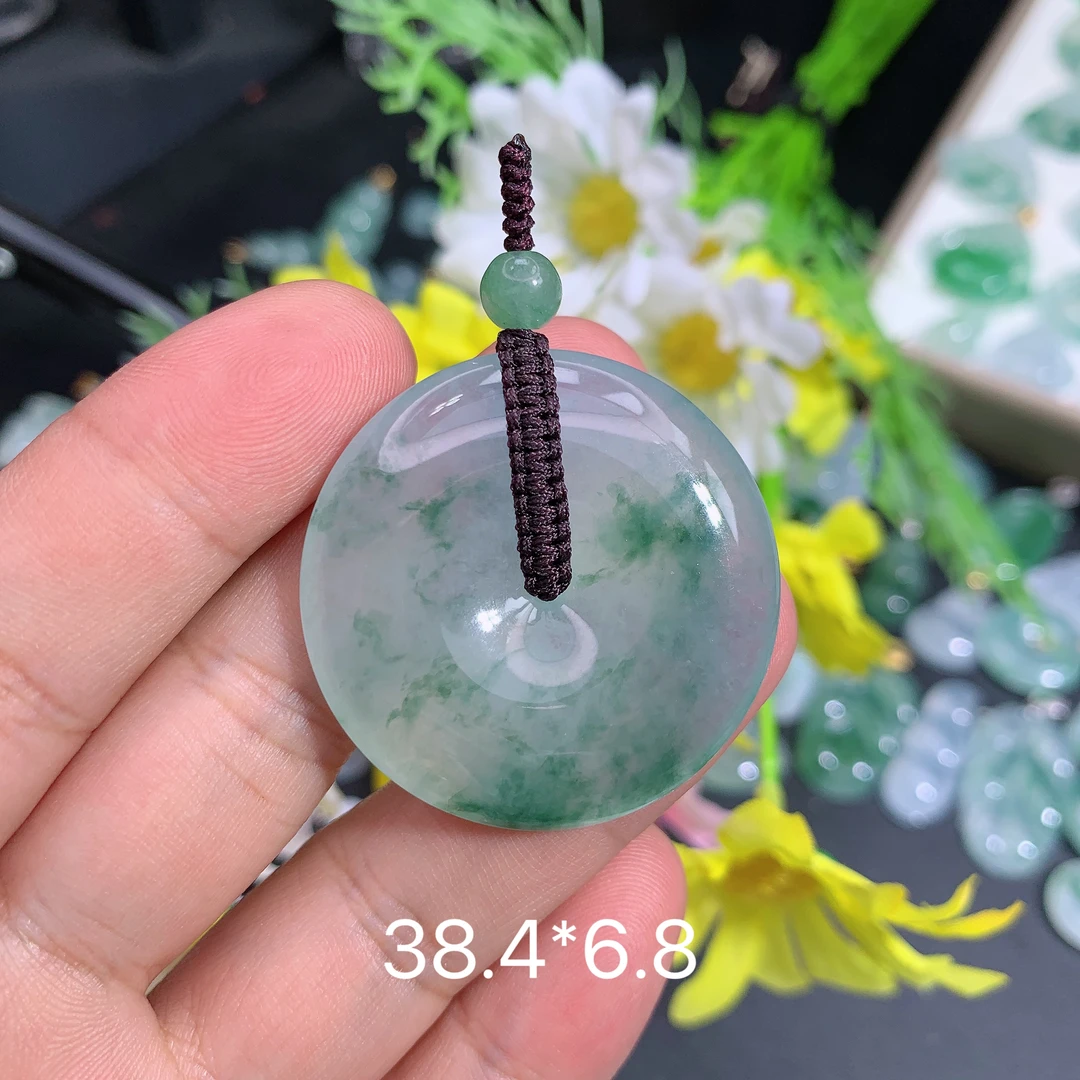 缅甸翡翠A货冰种飘花平安扣品吊坠种老水足气质百搭精雕精美