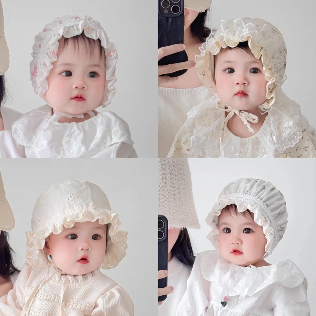 婴儿帽子春秋季透气女宝宝蕾丝公主宫廷帽防晒小月龄女童胎帽遮阳