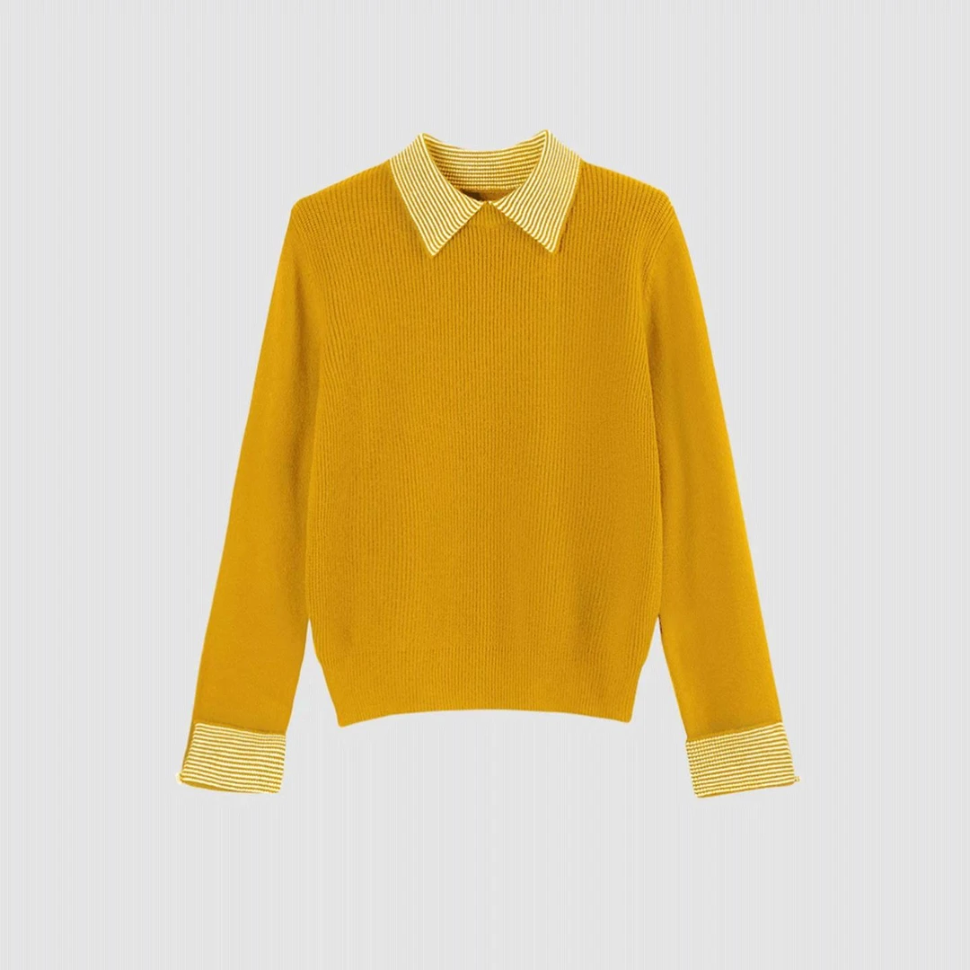 韩式学院风翻领拼接长袖针织衫女2025新款黄色假两件显瘦百搭上衣