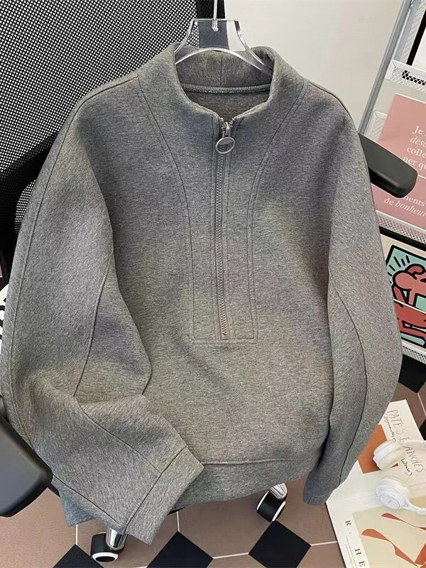 A2561重磅廓形卫衣男春秋新款潮流美式上衣宽松半拉链立领外套