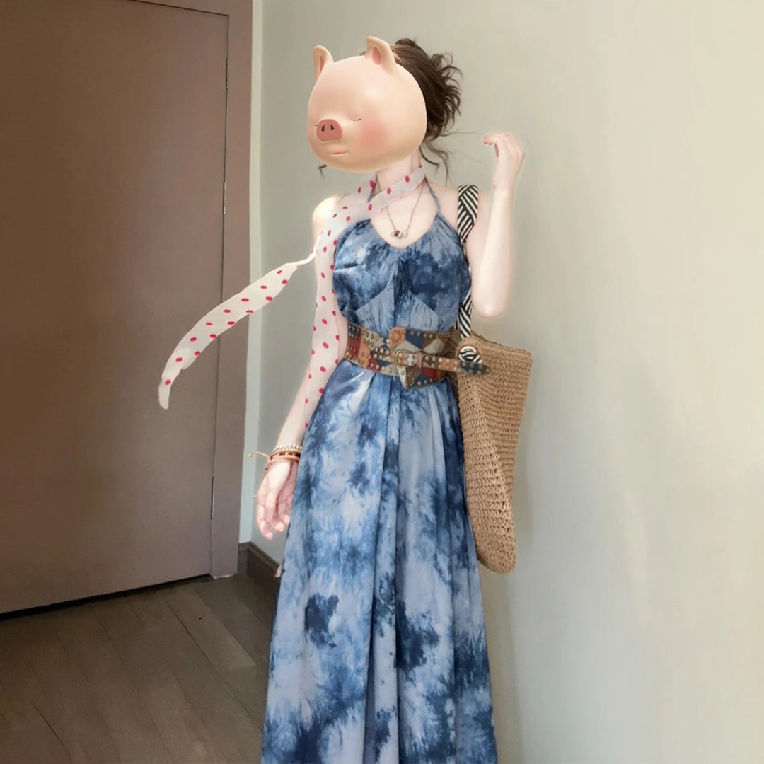 法式蓝色碎花吊带连衣裙子女夏季2025新款海边度假清冷系衣服长裙