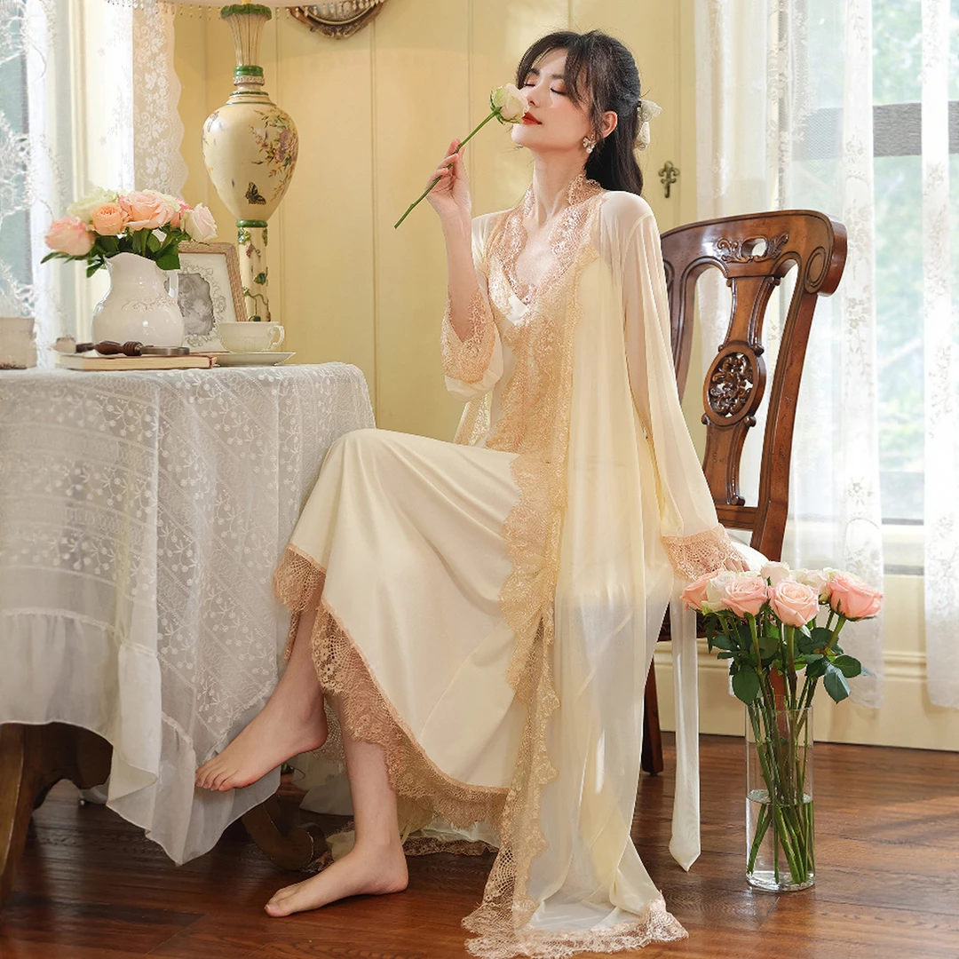 巴韦那奇法式轻奢晨袍女款睡衣可外穿吊带睡裙带胸垫居家服两件套