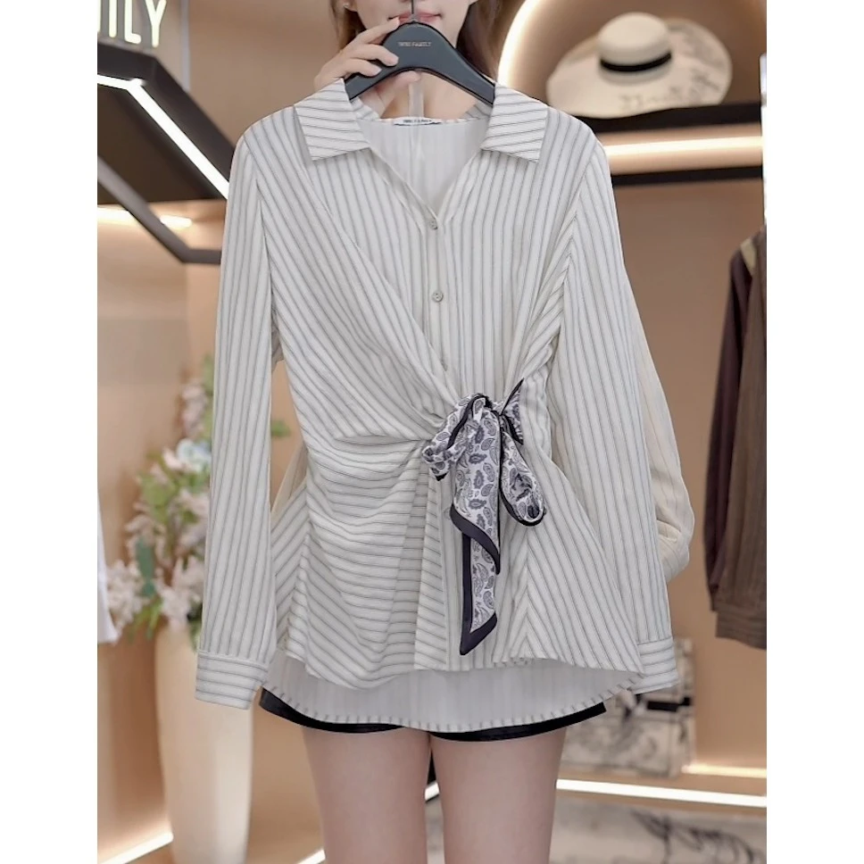 法式chic风长袖丝巾绑带衬衫2025秋季撞色条纹拼接收腰显瘦上衣潮