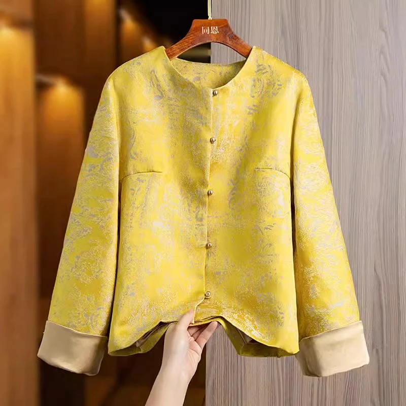 2025秋新款高级感黄色复古新中式国风圆领外套优雅唐装上衣女