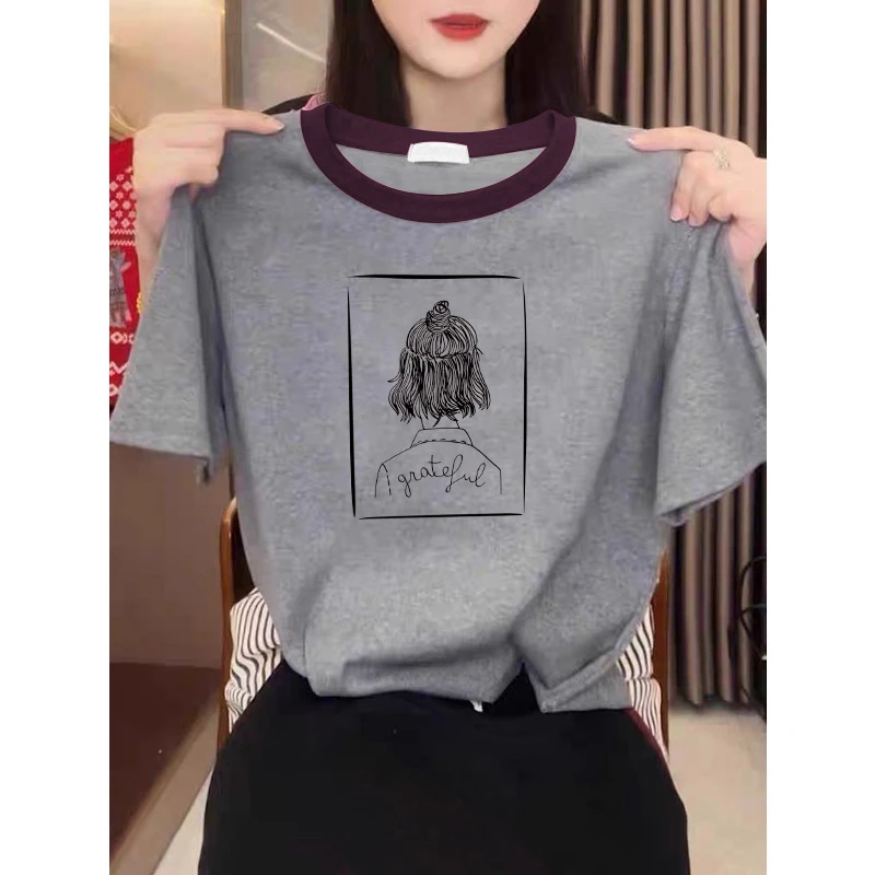 设计感小众正肩撞色纯棉圆领短袖t恤女时尚百搭减龄灰色上衣夏季