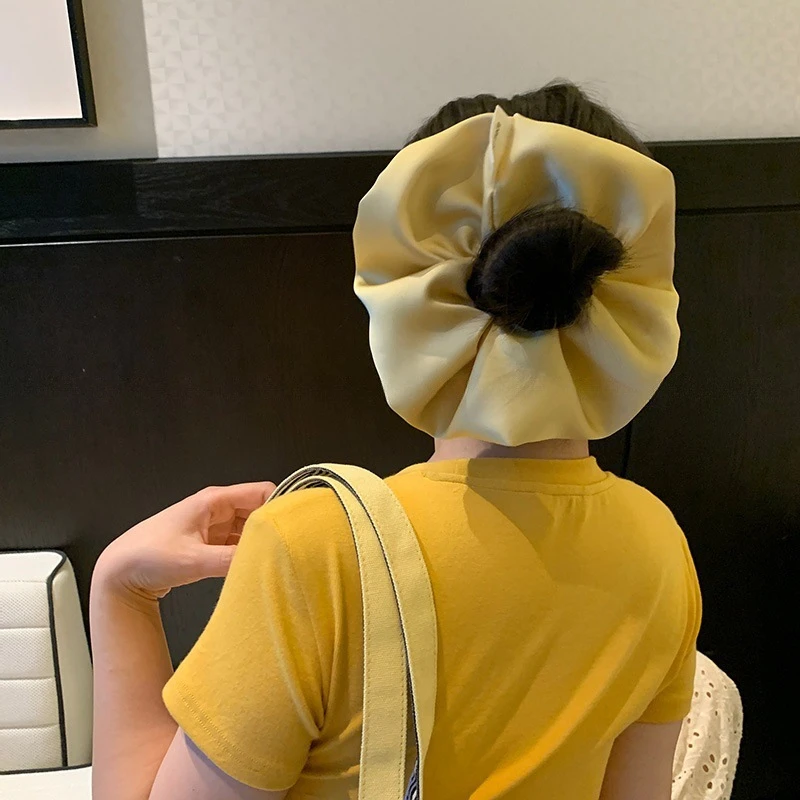元气少女~超大号！黄色大肠发圈缎面格纹春夏季丸子低马尾发绳