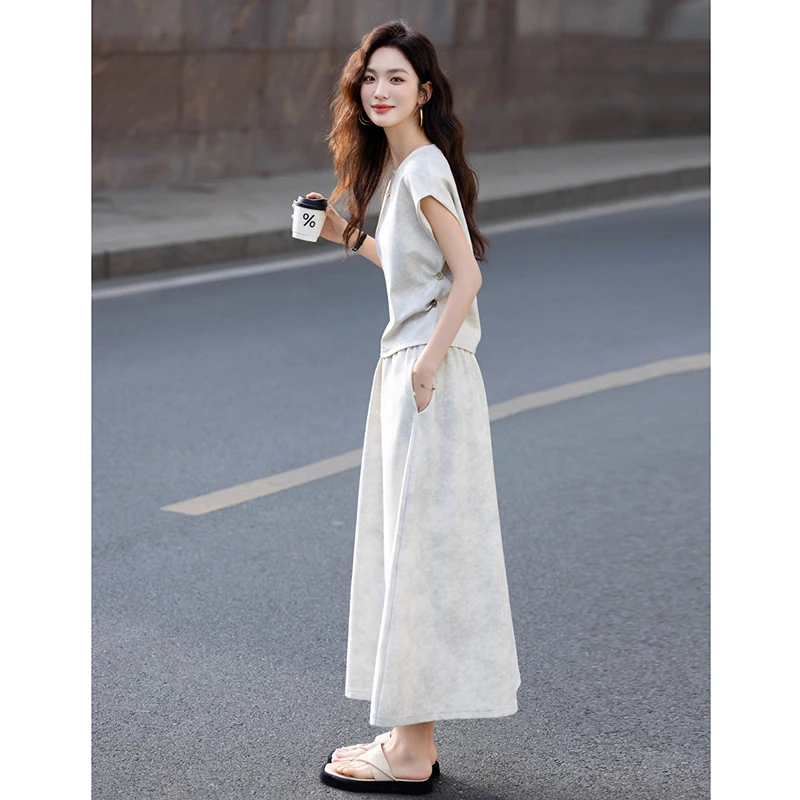 dme德·玛纳【晕染印花套装】夏季圆领上衣抽褶钉扣伞裙女两件套