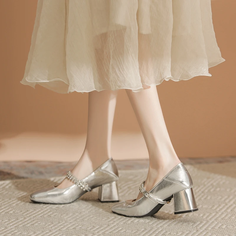 复古方根粗跟大码银色方头水钻单鞋一脚蹬浅口玛丽珍鞋5cm高跟鞋