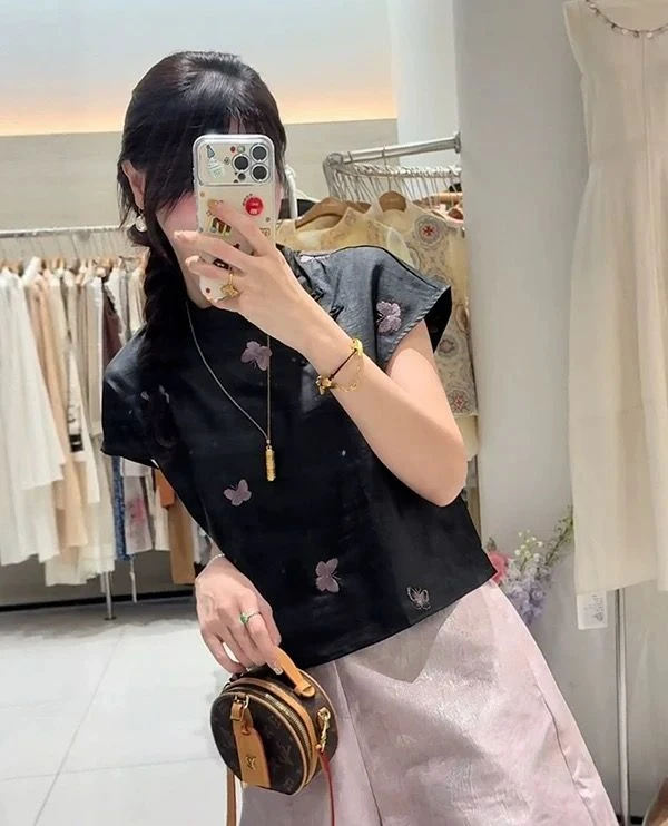 【双鱼蝴蝶】新中式国风人丝丝缎短袖衬衫夏季洋气百搭休闲减龄上衣