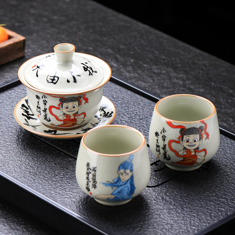 当代 哪吒主人杯老陶泥汝窑开片可养茶杯陶瓷功夫茶具家用个人杯