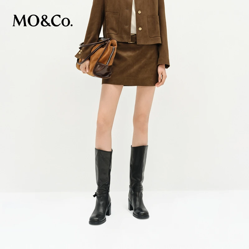 MOCO短裙2025新品复古绒面附腰带低腰半身裙内置衬裤MBE1SKT003