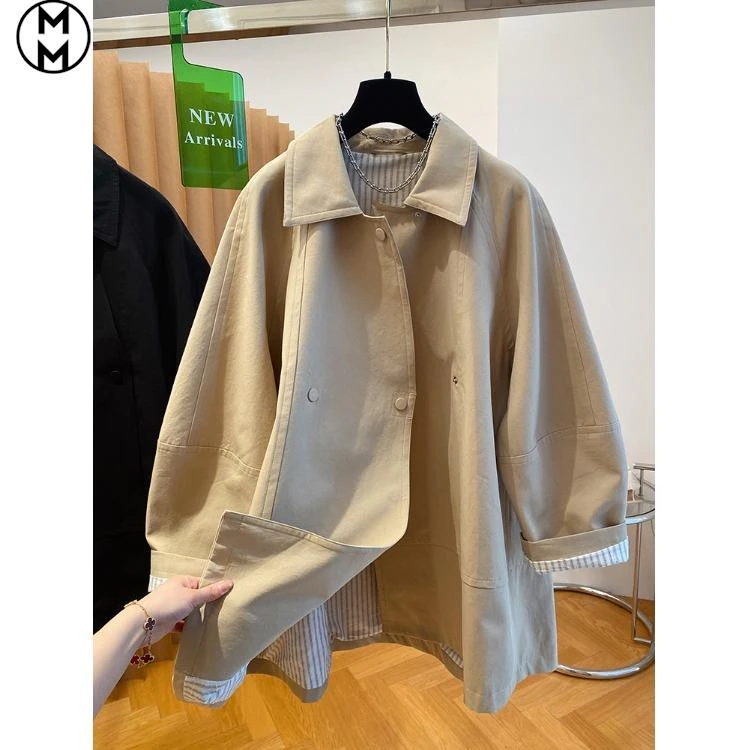 MM英伦风高级感翻领风衣外套女中长款2025春装新款宽松休闲超火上