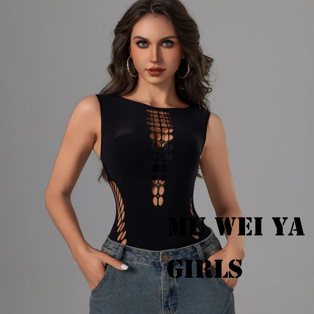 美式街头热卖镂空破洞无袖连体衣上衣外贸性感紧身显黑色连体背心