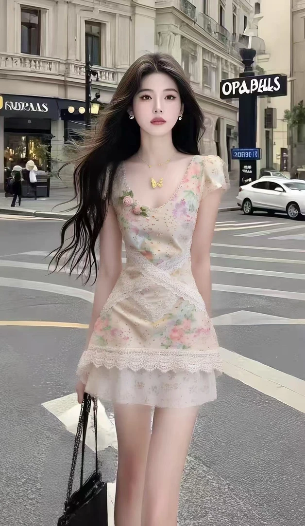 修身气质名媛少女感撞色碎花V领蕾丝收腰连衣裙女夏季氛围感穿搭