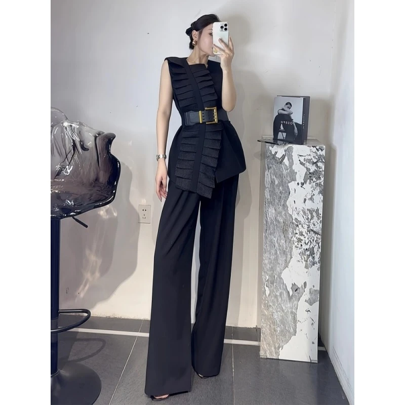 高档高级感职业装设计感立体纱网花边无袖马甲上衣阔腿裤时尚套装