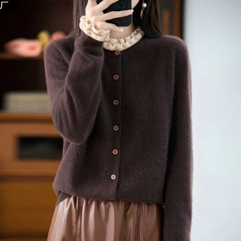 正品撤柜剪标羊毛衫花边假两件针织开衫秋冬新款减龄毛衣外套上衣