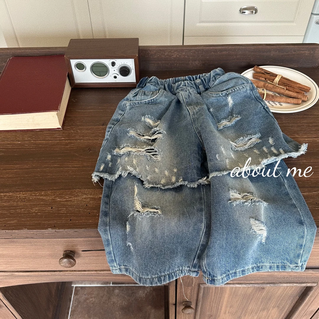 J5734【现货】韩版儿童春款假两条破洞牛仔裤