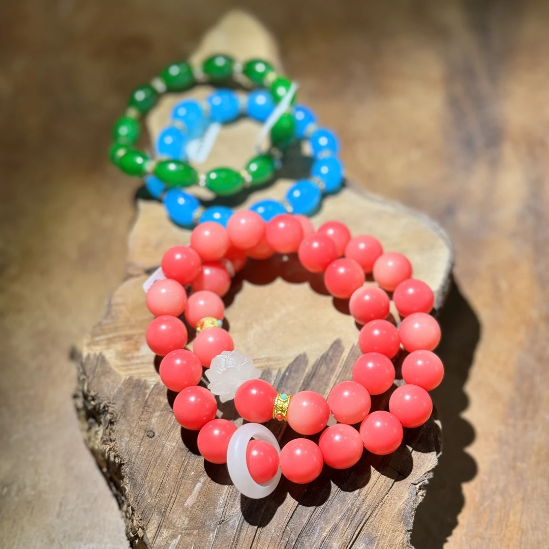 ZH213粉红飘花菩提双圈+蓝水晶橄榄珠+绿水晶橄榄珠(无礼盒)