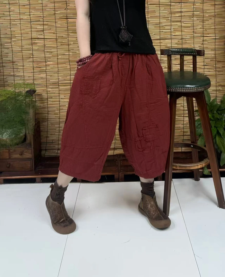 25212福字毛边贴布双纱七分裤（长70左右，90-160斤）