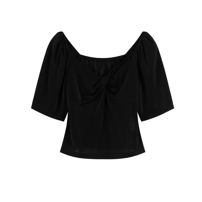 velwin蔚雯U型领夏季常规款方领衬衫小众一字肩黑色LESS335F78