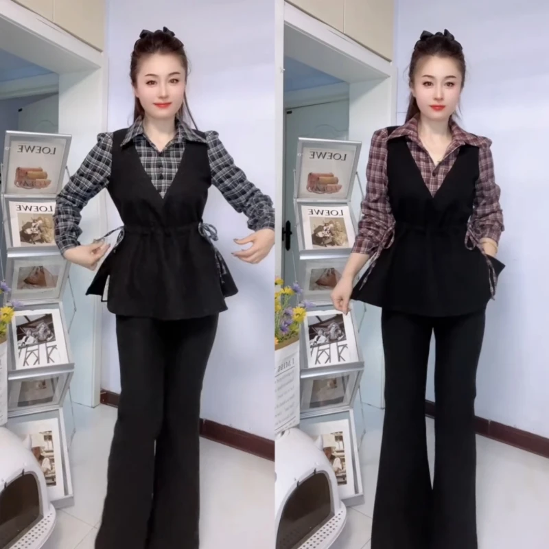高端时尚拼接格子精纺秋季轻熟风减龄显瘦优雅气质上衣与裤子套装