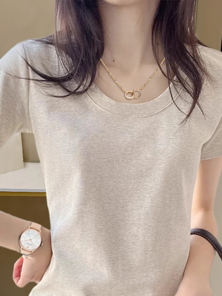 美式夏日多巴胺穿搭2025爆款圆领正肩上衣短袖修身百搭短款t恤女