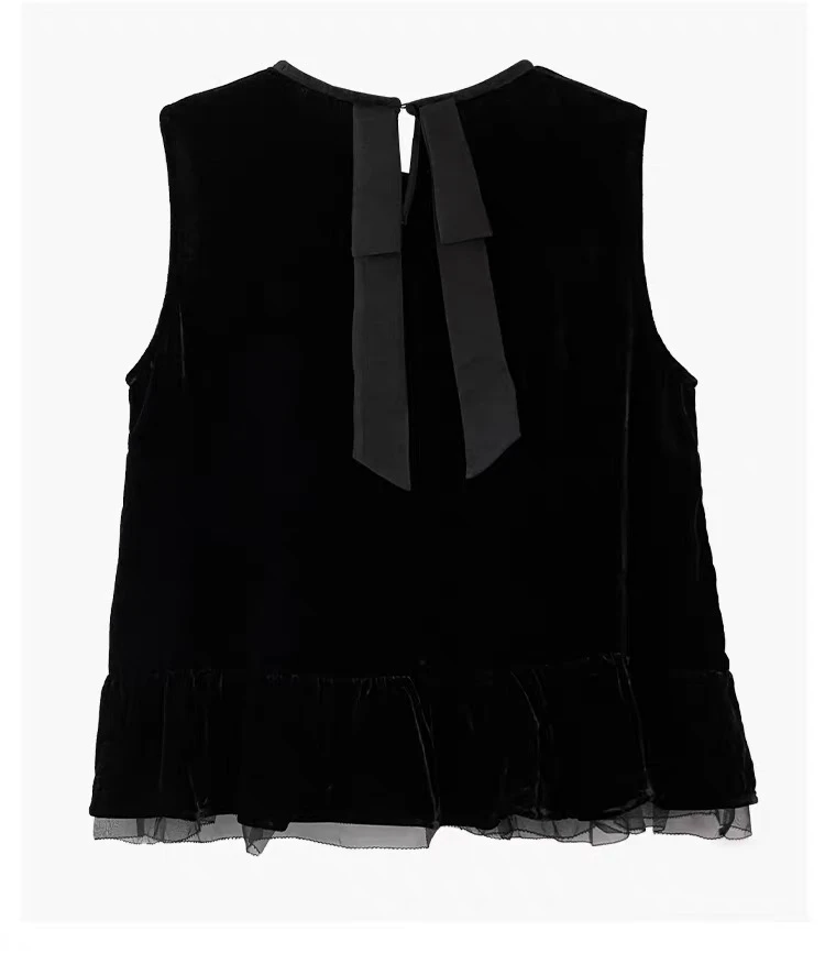 南油粤云  100%桑蚕丝真丝丝绒高端精致珍珠后中蝴蝶结显瘦上衣