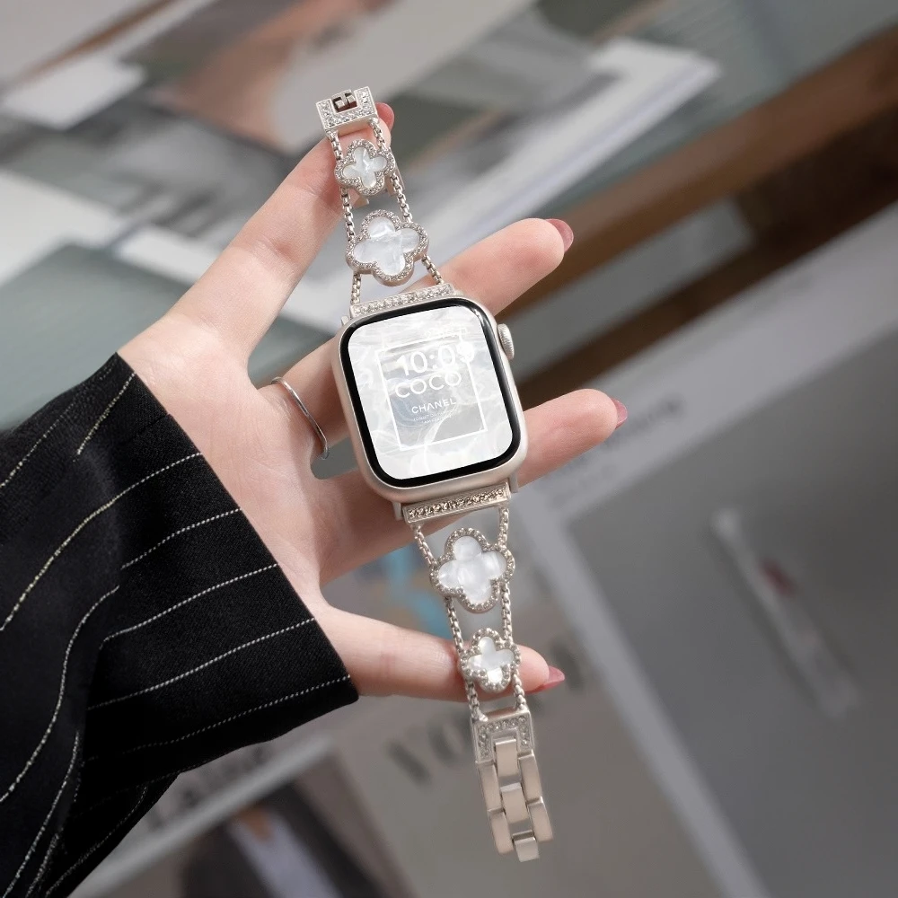 适用iwathS9苹果applewatchS8表带四叶草链条S7金属S10高级女SE夏