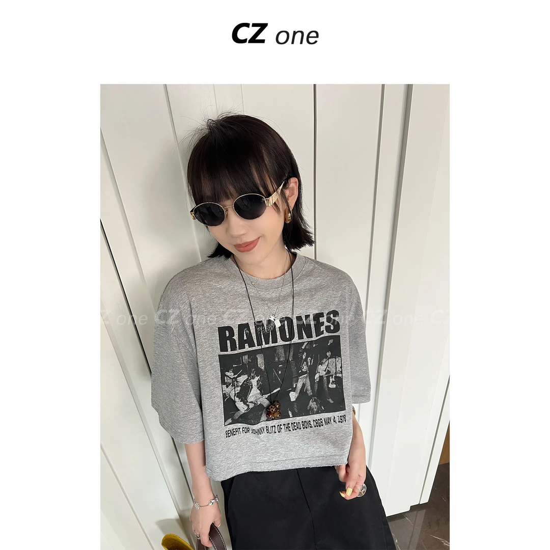CZone 夏季百搭宽松复古圆领印花短款套头T恤上衣女