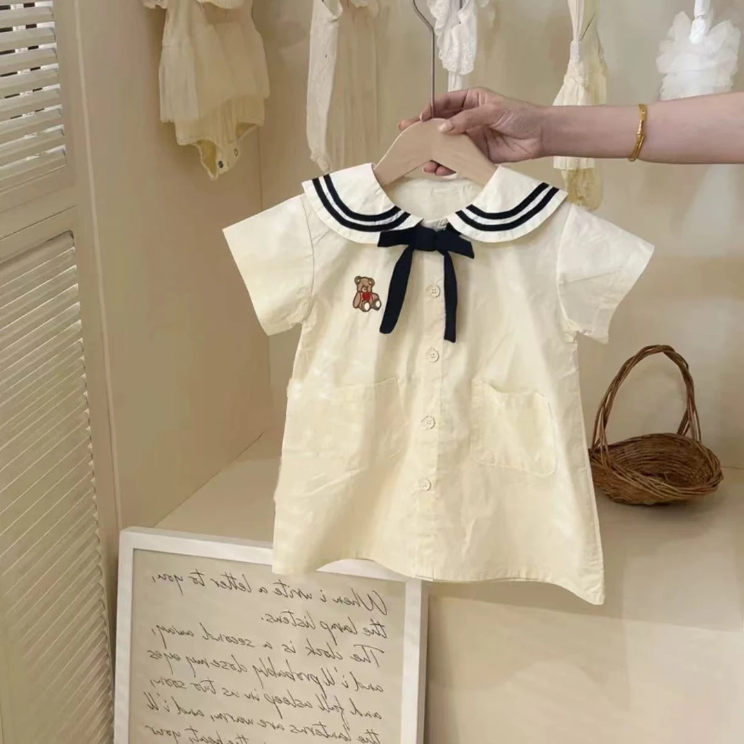 女童海军风学院风短袖连衣裙夏款宝宝幼儿园公主裙子