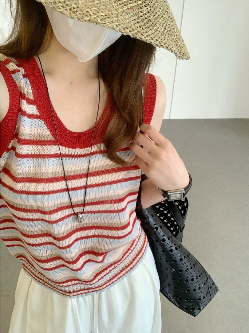 甜辣妹复古撞色针织外穿背心女夏季ins别致圆领条纹无袖吊带上衣