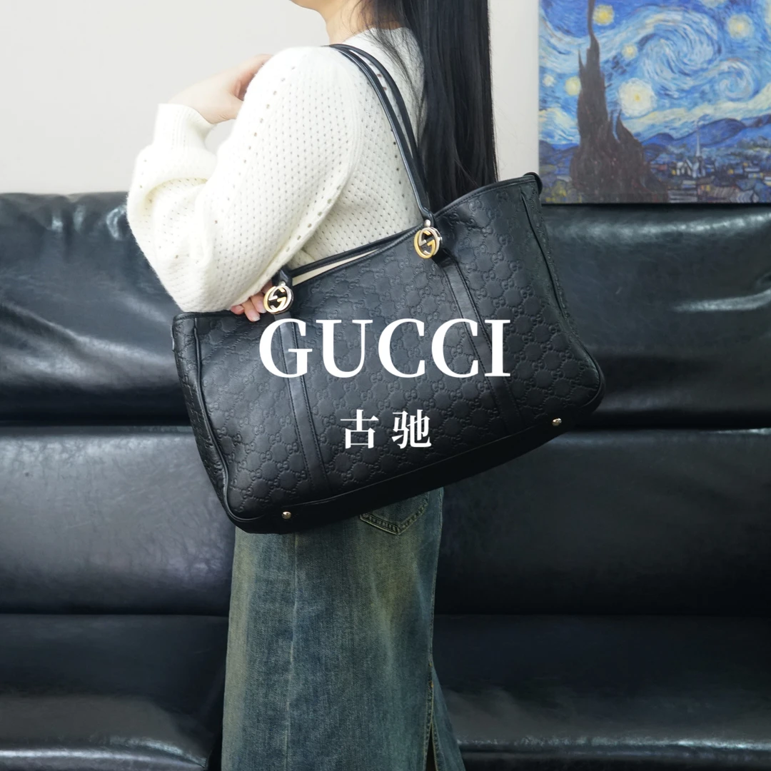 95新 GUCCI/古驰 黑色压纹托特单肩包/ZZ03306034/6034