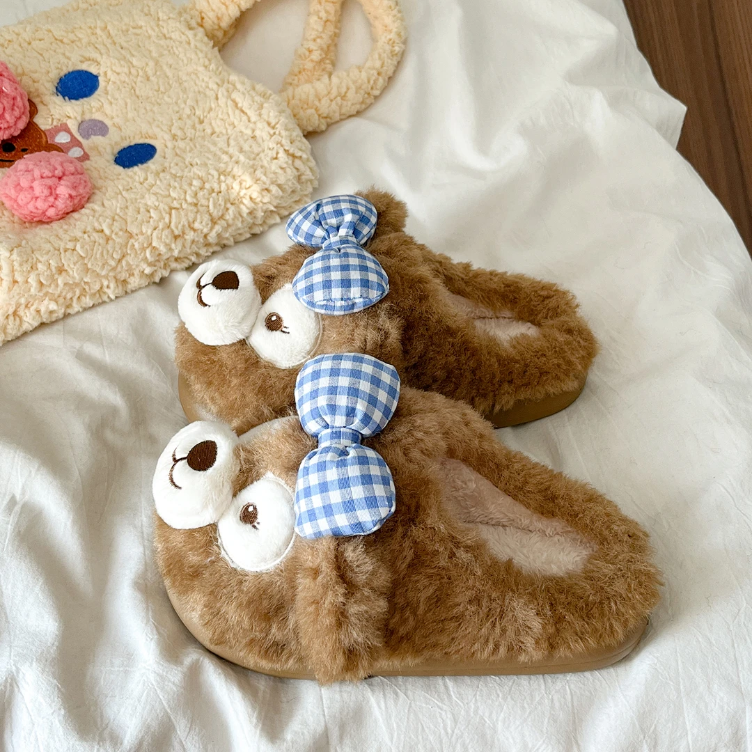 2025新款棉拖鞋女冬季可爱卡通小熊家居室内厚底防滑保暖毛绒拖鞋