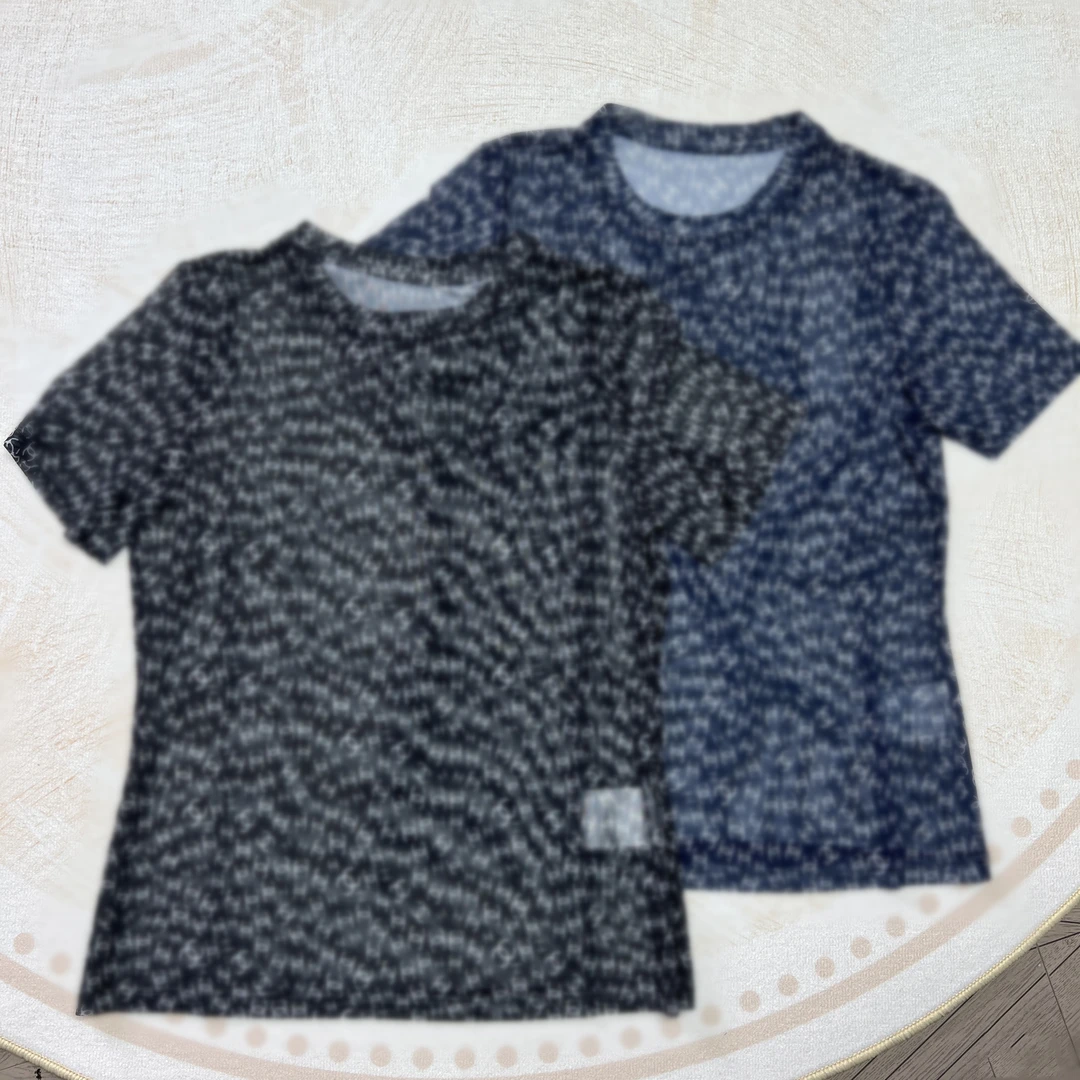 C慕溢-25时尚黑蓝双色透气老花短袖上衣