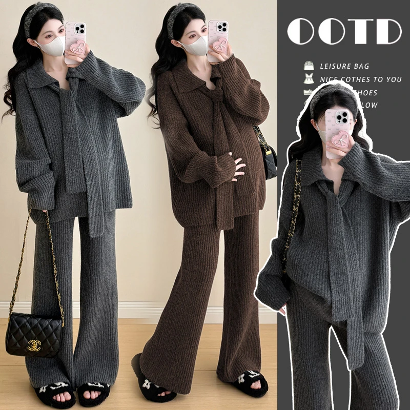 孕妇秋冬装2025新款外穿韩版宽松翻领领巾时尚洋气休闲气质两件套