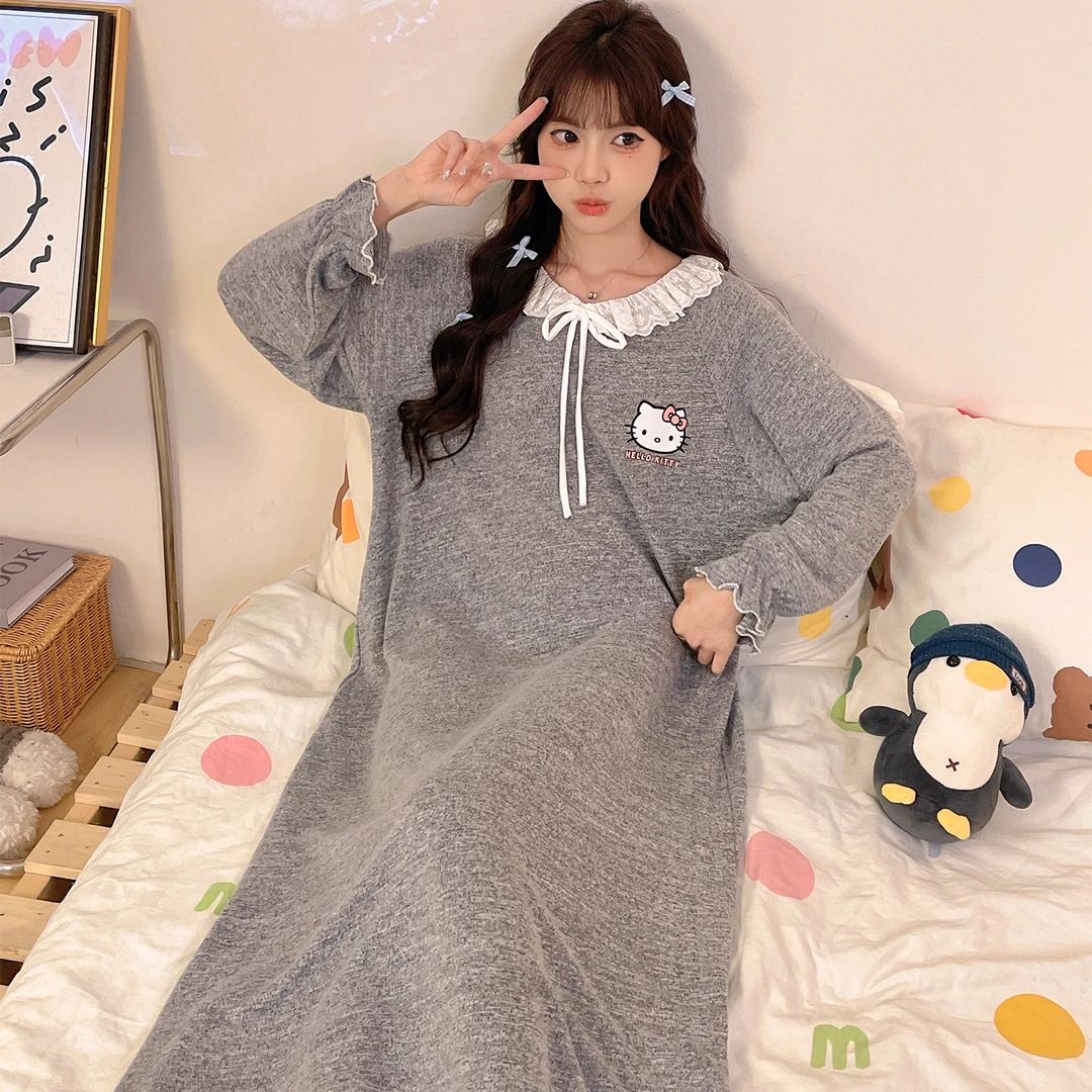 睡裙女秋冬季睡衣长袖大码羊绒2025新款保暖灰色kt猫可外穿家居服
