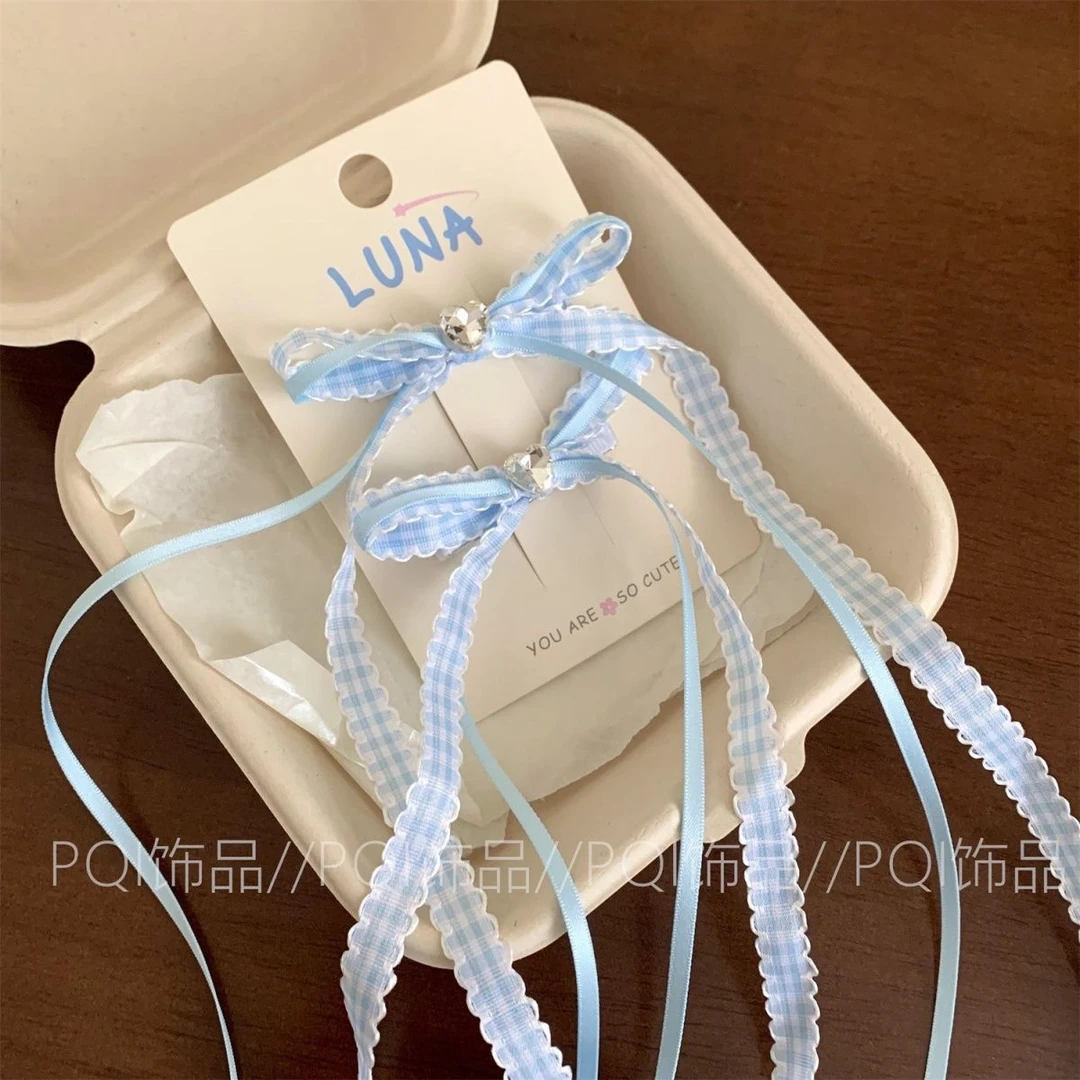 甜美新款少女格纹珍珠蕾丝蝴蝶结发夹刘海发卡鸭嘴头饰侧边发饰